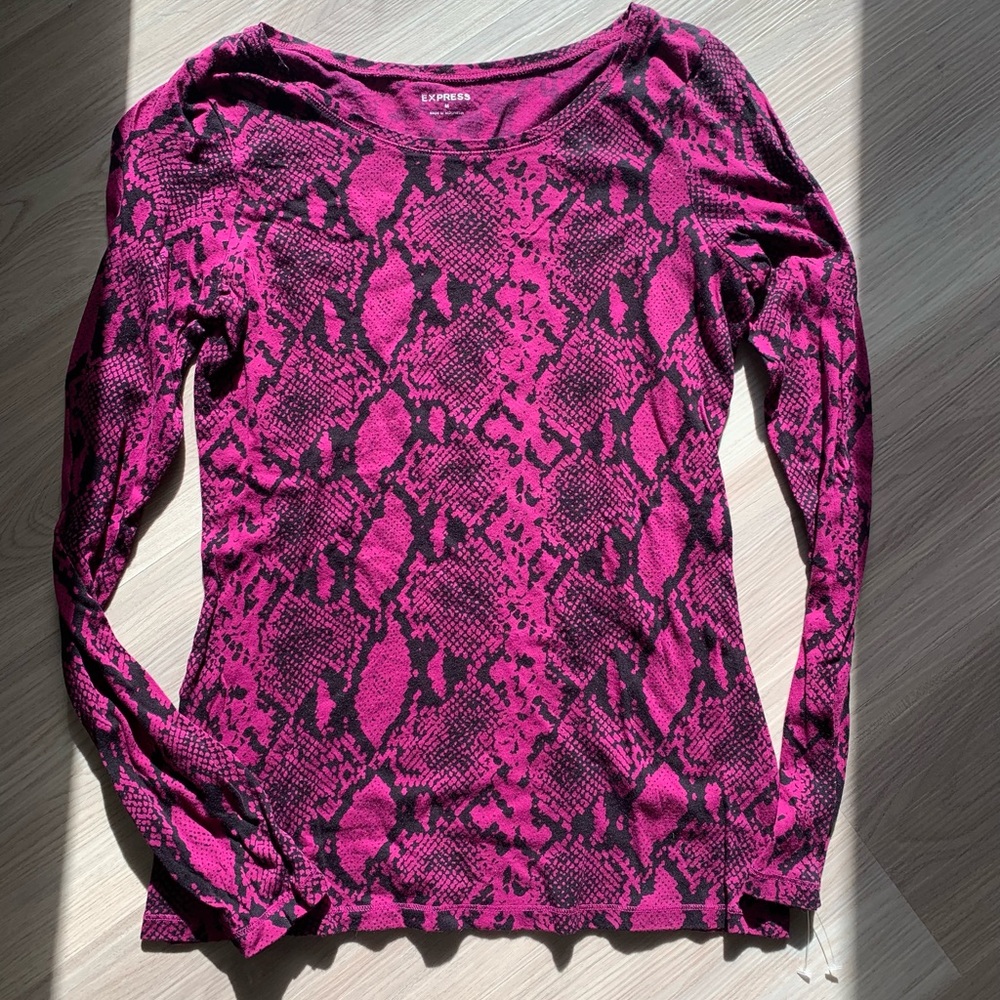 Express Snakeskin Print Long Sleeve Cotton Top -MED Pink/Black Colorful Casual - Picture 2 of 10